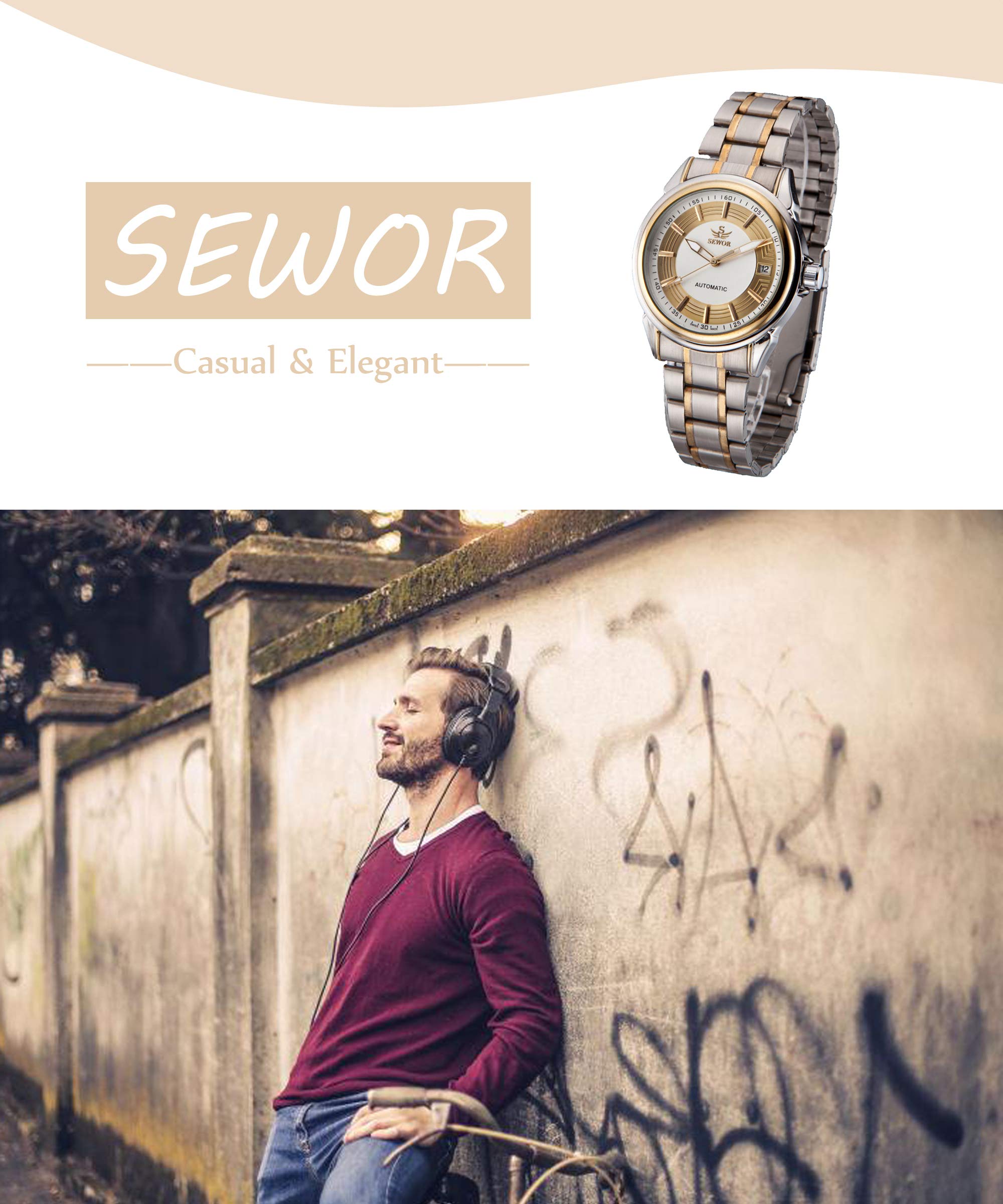 Sewor Mens Mechanical Dress Analog Wrist Watch Vintage Design Men\'s Watches Self Wind (Gold & White)