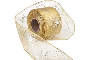 Livder 2.5 Inch Wide Christmas Wired Ribbon Snowflake Organza Sheer Glitter Ribbon for Xmas Tree, Wreath, Party Decoration, Gift Wrapping (Golden, 21.9 Yards)