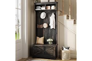 Maupvit Hall Tree with Storage Bench, 71" Entryway Bench with Coat Rack & Storage Cabinet, 4-in-1 Mud Room Organization with Seating, 5 Hooks, Retro Accent Coat Tree for Living Room, Rustic Dark Brown