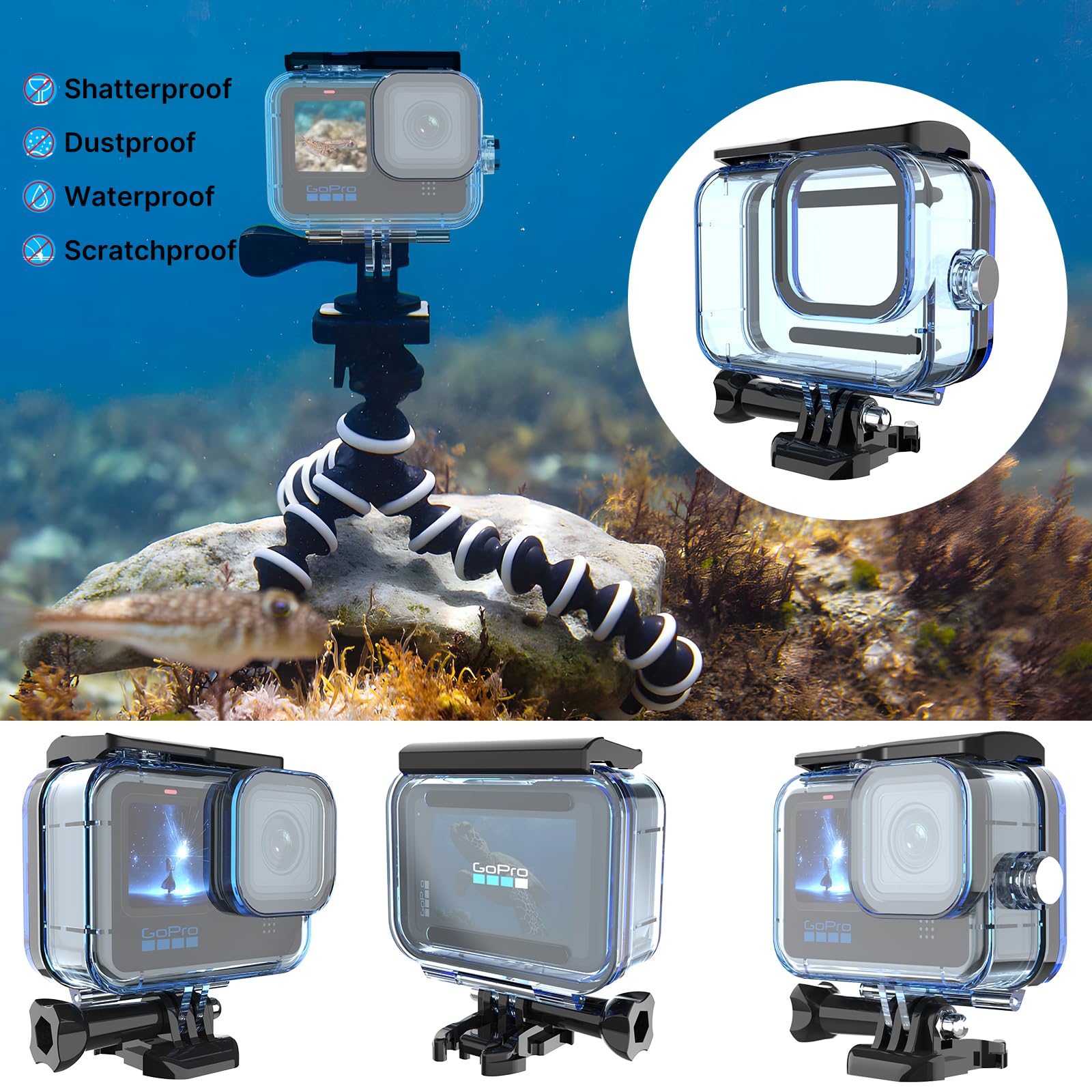 HONGDAK 60M/196FT Waterproof Case with Anti Fog Inserts for Go Pro Hero12 11 10 9 Black, Protective Underwater Diving Housing Shell with 3 Pack Filters Accessories for Hero 12 11 10 9 (Blue)