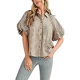 Seetaa Women's Striped Button Down Shirt Puff Sleeve Collared V Neck Loose Casual Dressy Blouse Top