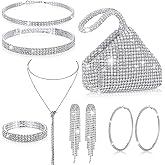 Chicingyou 7pcs Women Rhinestone Jewelry Set Wedding Triangle Bling Evening Clutch Bag Silver Rhinestone Necklace Bracelet Crystal Dangle Fringe Earrings for Wedding Bridal Jewelry Valentines Party