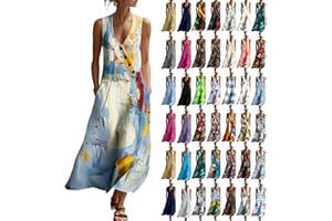Maxi Sundresses for Women,Summer Vacation Boho Beach Dress,Sleeveless Pure Floral Asymmetric Button V Neck Dresses