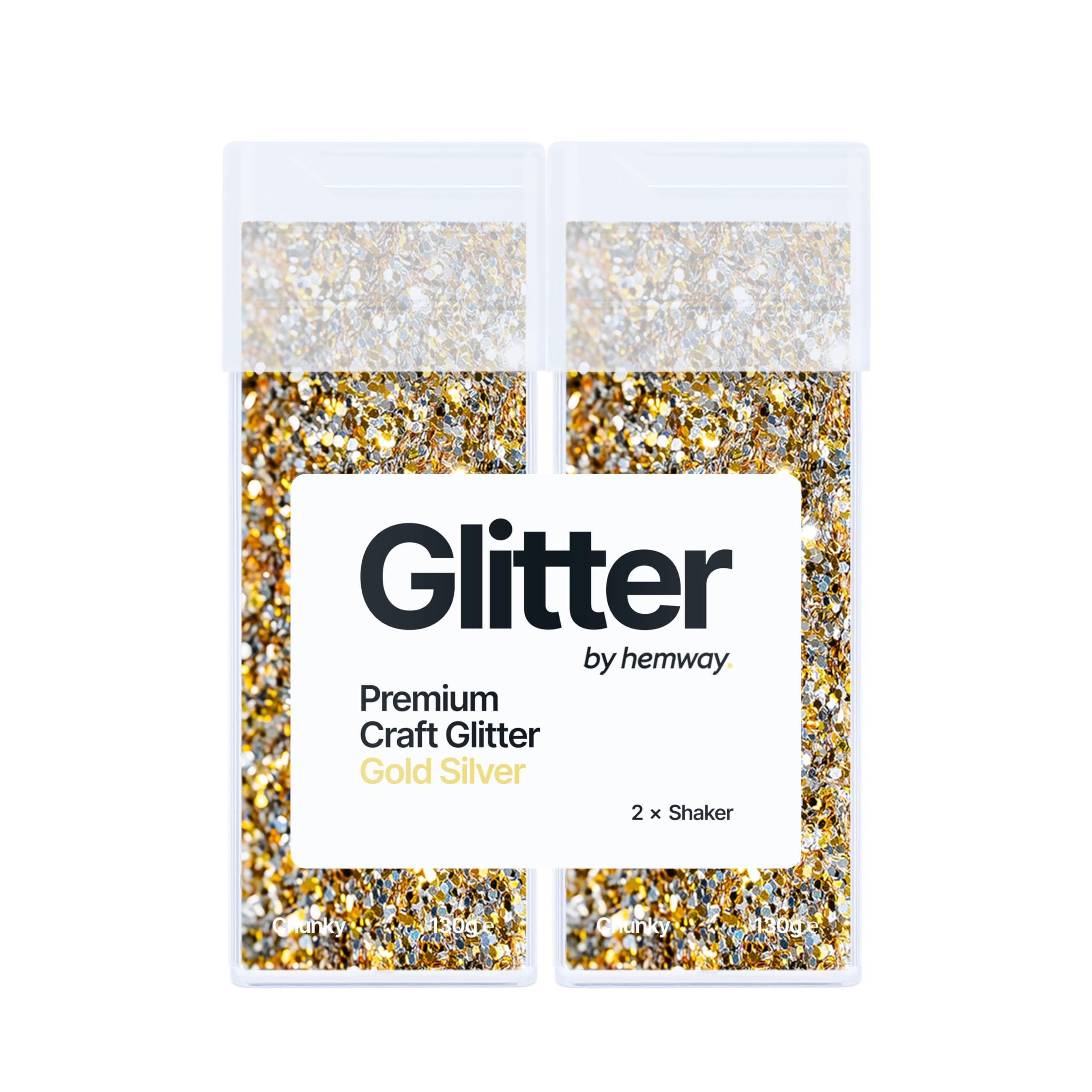 Hemway Glitter Shaker Gold Silver 130g x2 Pack Chunky, Craft Glitter Shakers for Resin & Epoxy Crafts, Christmas Art Supplies, Nail, Body, Face, Eye, Festival, Crafting, Slime, Sparkle