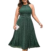 Ever-Pretty Plus Women's Glitter Halter Sleeveless Pleated Midi A-Line Plus Size Formal Wedding Guest Dresses