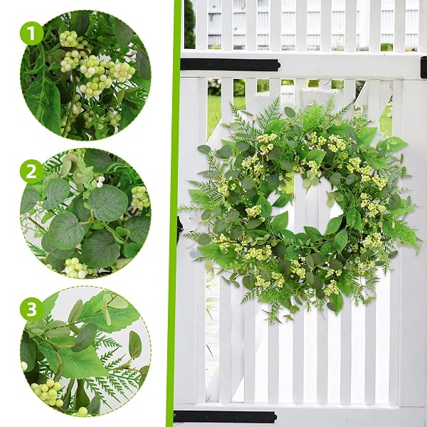 GREEN EUCALYPTUS WREATHS FOR FRONT DOOR,22 INCH ARTIFICIAL SPRING SUMMER WINTER WREATH WITH GREEN BERRIES,EUCALYPTUS LEAVES FOR INDOOR OUTDOOR WALL PORCH FESTIVAL FARMHOUSE HOME HOLIDAY DECOR.