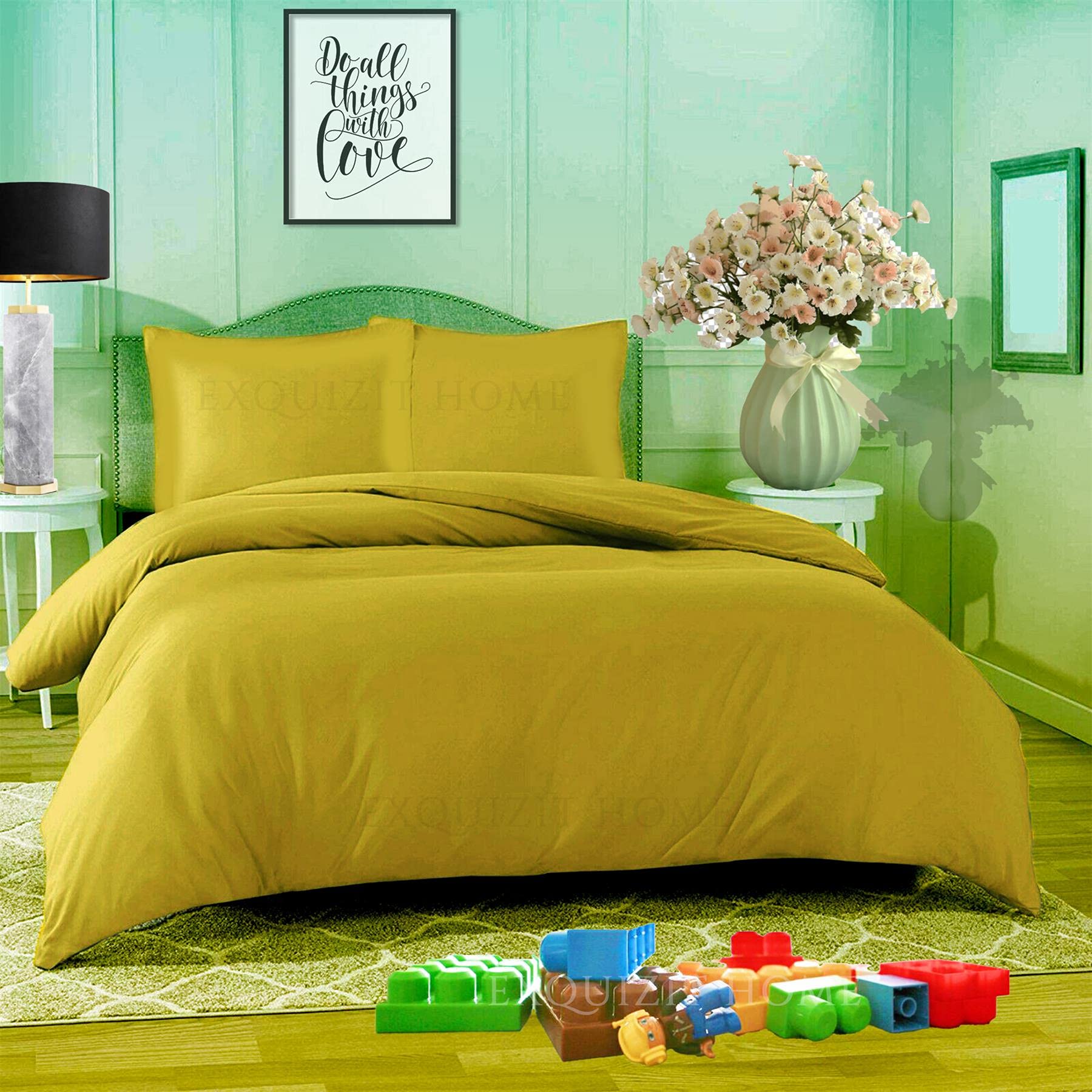 EXQUIZIT HOME® Duvet Quilt Cover Bedding Set with Matching Pillowcases Easy Care Plain Dyed Poly Cotton Soft Wrinkle Resistant Hotel Quality Machine Washable Bedding (Mustard, Double)