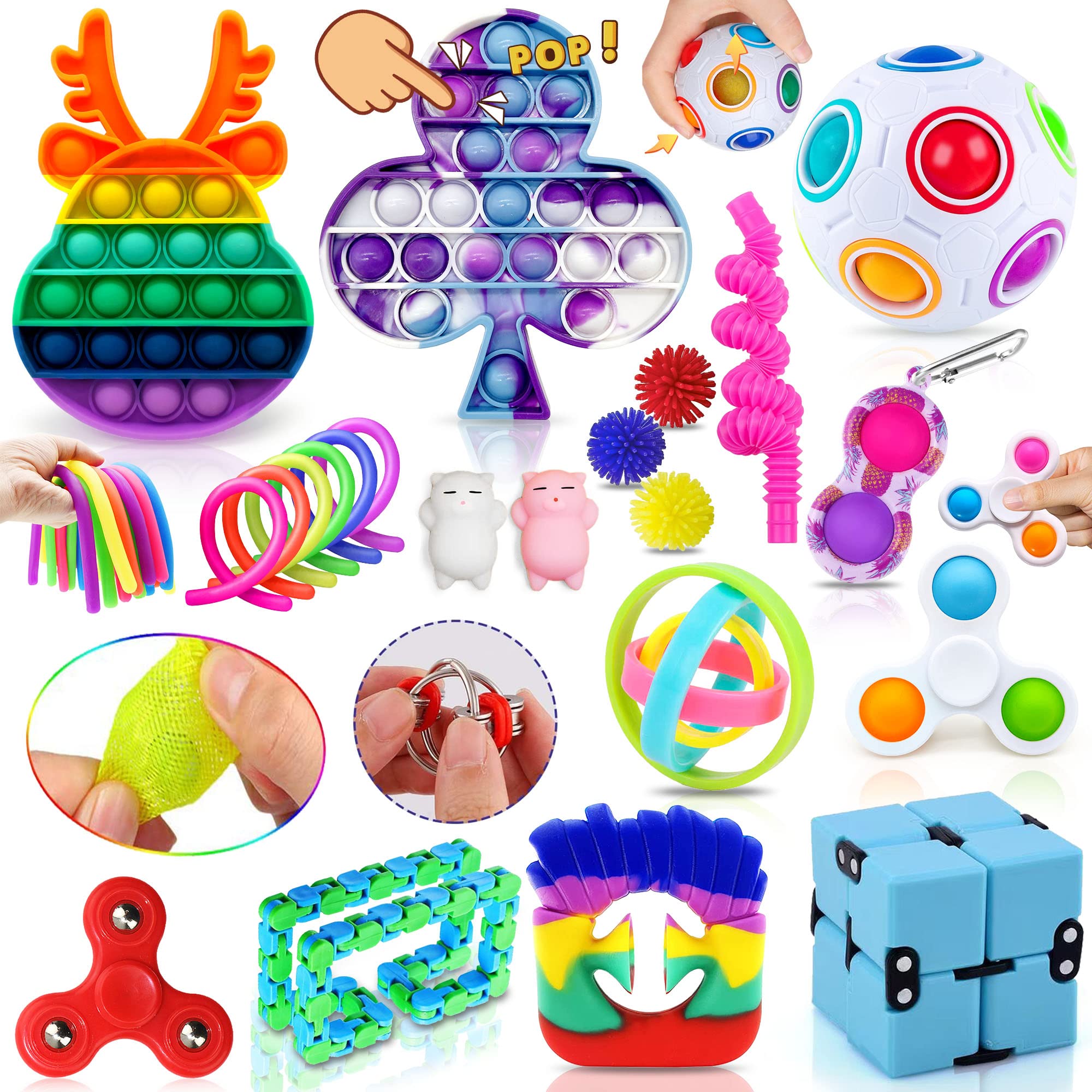 Yetech Fidget Toy Set Sensory Toys Pack With Bubble Sensory Toy Infinity Cube Magic Cube Pop Tube 26 Pcs Autism ADHD Stress Relief Anti-Anxiety Colorful Squeeze Toy Classroom Office Gift Kids Adults