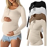 Sweetyweee 4 Pack Womens Maternity Shirts Cotton Scoop Neck Long Sleeve Ribbed Pregnancy Top Henley Side Ruched Mama Clothes