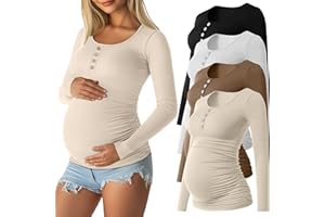 Sweetyweee 4 Pack Womens Maternity Shirts Cotton Scoop Neck Long Sleeve Ribbed Pregnancy Top Henley Side Ruched Mama Clothes