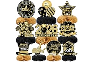 MOORAY 10Pcs Happy New Years Decorations 2026 Honeycomb Centerpieces, Black and Gold New Years Eve Table Decorations Centerpiece for 2026 New Year's Eve Supplies