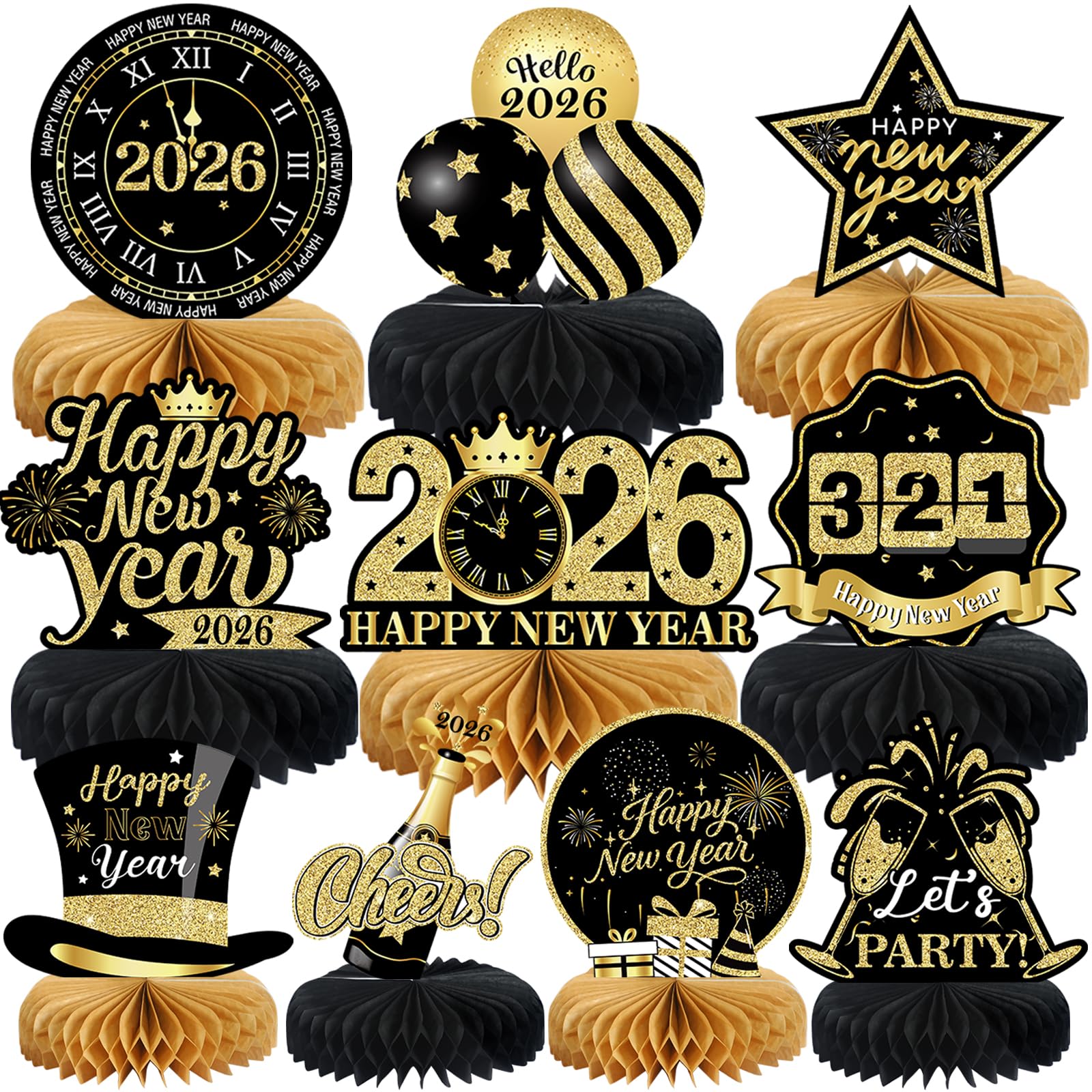 Photo 1 of 10Pcs Happy New Years Decorations 2026 Honeycomb Centerpieces, Black and Gold New Years Eve Table Decorations Centerpiece for 2026 New Year's Eve Supplies