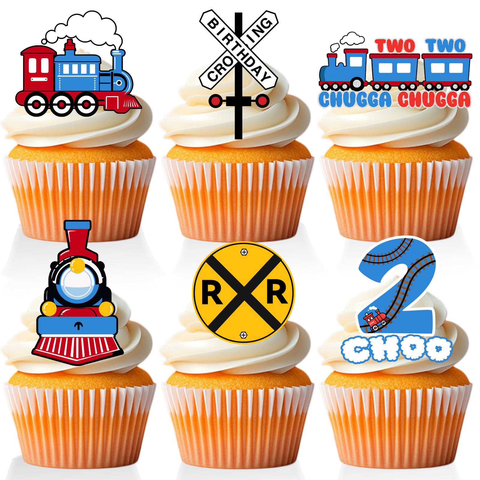 Photo 1 of 18 PCS Train Cupcake Toppers for Boys Girls 2nd Birthday SteamTrain Railroad 2 Year Old Cake Decor Picks Chugga Chugga Two Two Party Decorations Supplies