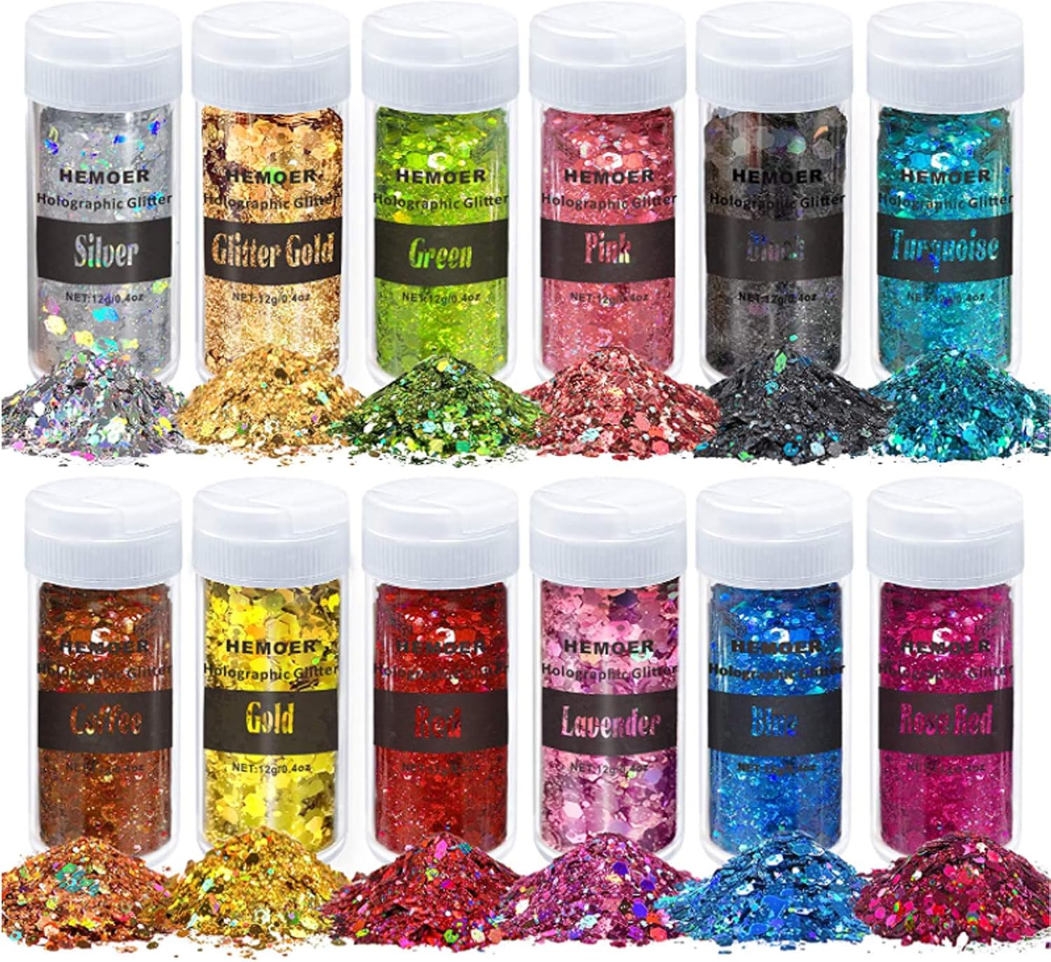 HEMOER 12 Colors Holographic Chunky Glitter, 144g Craft Glitter Cosmetic Grade Sequins for Body Face, Eyes, Craft