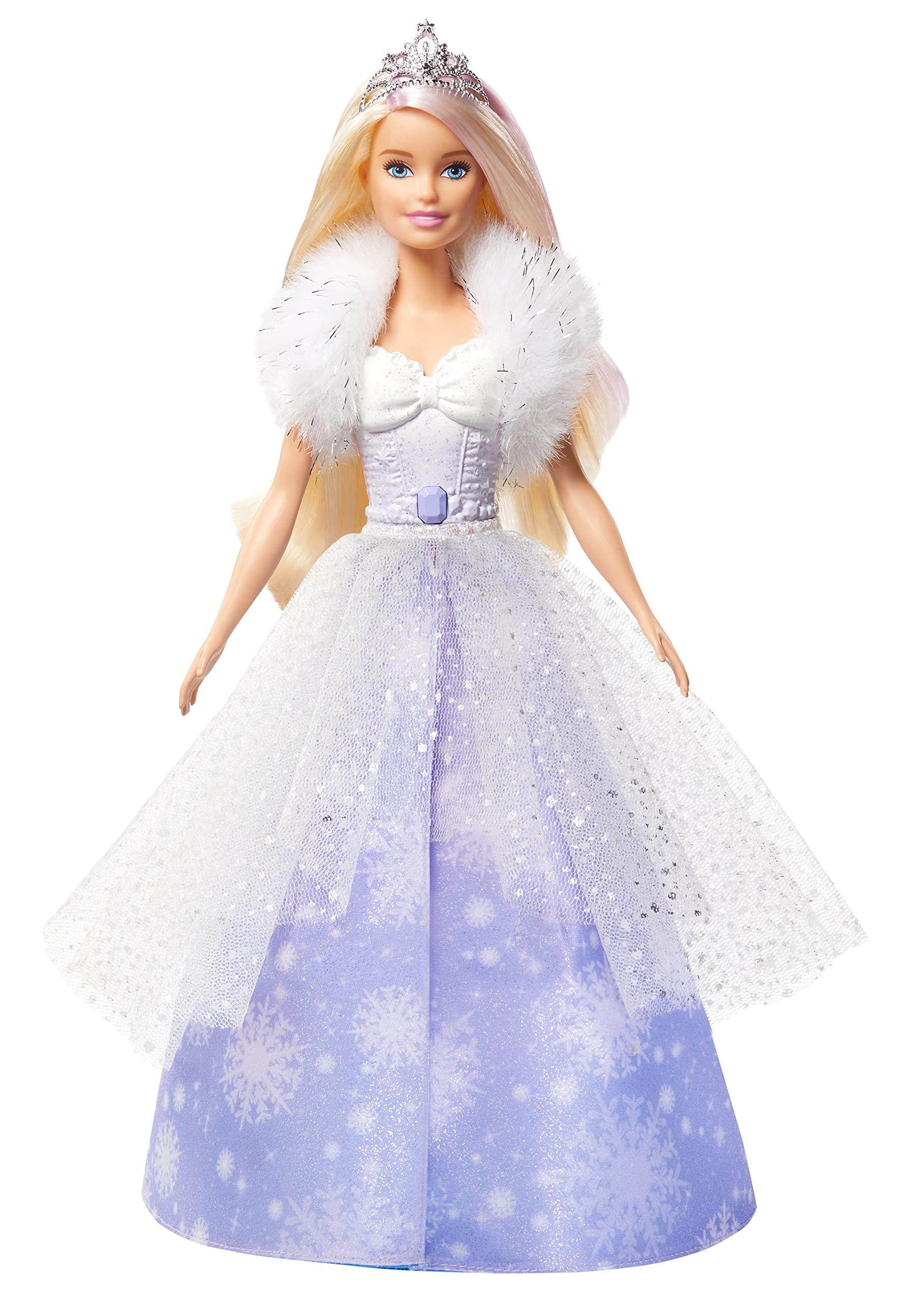 Barbie Dreamtopia Fashion Reveal Princess Doll, 12-inch, Blonde with Pink Hairstreak, Snowflake Gown and Hairbrush, GKH26