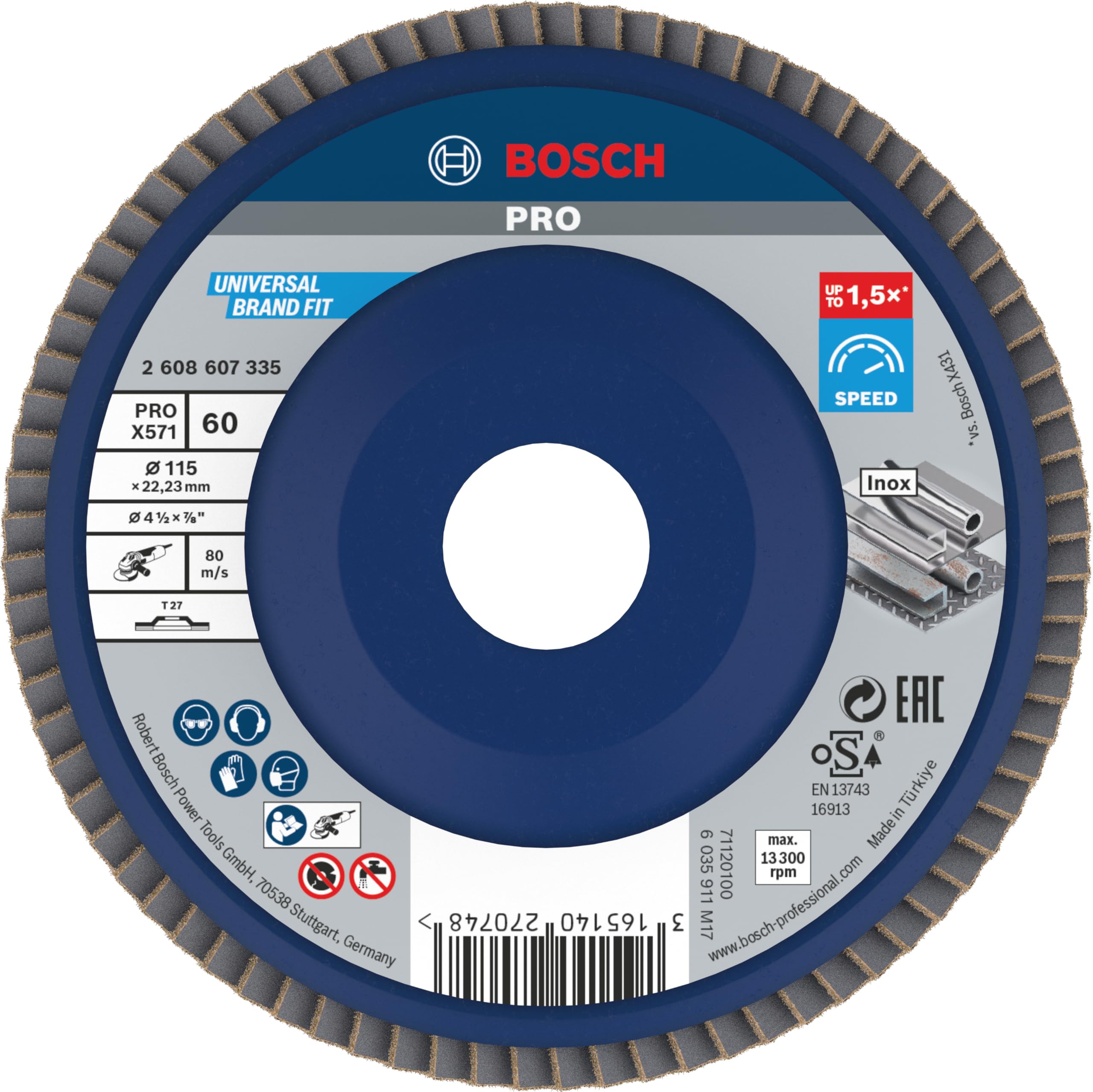 Bosch 1x PRO Metal X571 Flap Disc Straight Version Plastic for Small Angle Grinders (for Steel, Stainless steel, Ø 115 mm, Grit 60, Professional Accessory Small Angle Grinder)