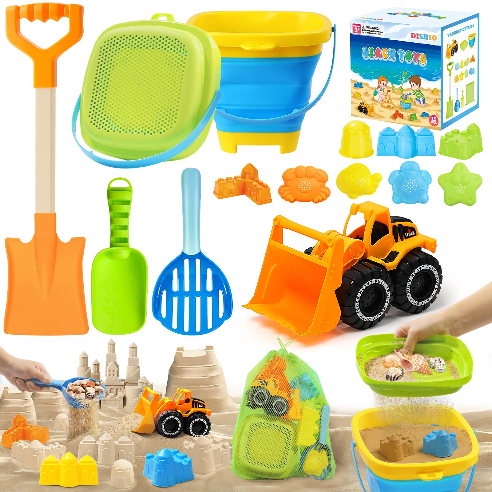 Collapsible Beach Sand Toys Set for Kids - Includes Bucket, Mesh Shovel, Filter Scooper & Castle Molds - Toddler Beach Toys for 1-3 & Kids Ages 4-8 with Mesh Bag, Summer Outdoor Beach Essentials