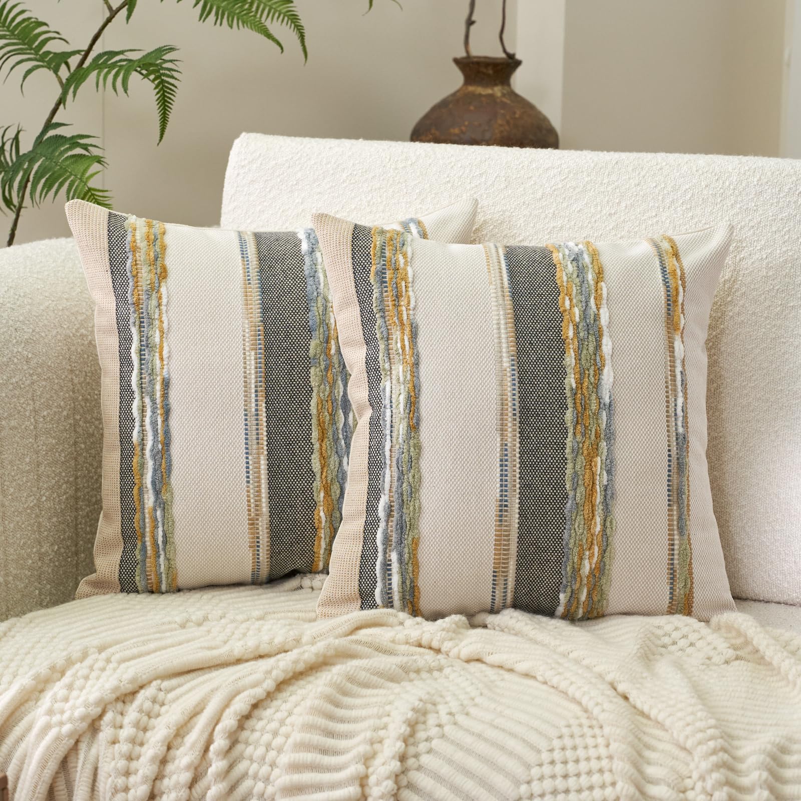 Aeckself Boho Throw Pillow Covers 18x18 Inch Set of 2, Farmhouse Decorative Striped Square Pillow Covers Chenille Tufted Pillow Cases Accent Neutral Pillowcase for Living Room Couch Bed, Yellow-Gray
