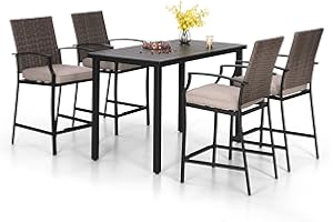 PHI VILLA 5 Piece Patio Bar Height Dining Set, 4 Outdoor High Top Wicker Bar Stools & Chairs with Removable Cushion and 1 Long 4-6 Person Metal Counter Height Bar Table for All Weather