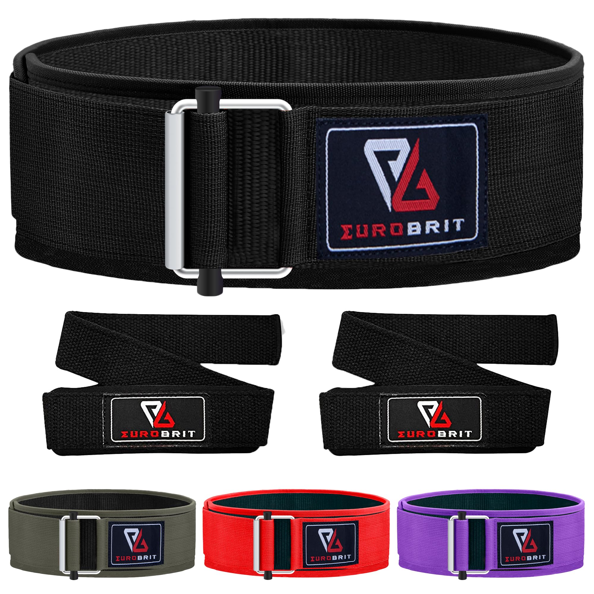 Eurobrit Weight Lifting Belt, Self-Locking Nylon Deadlift Belt for Men and Women with Free Lifting Straps, Olympic Athletes Lifting CrossFit Weight Belt