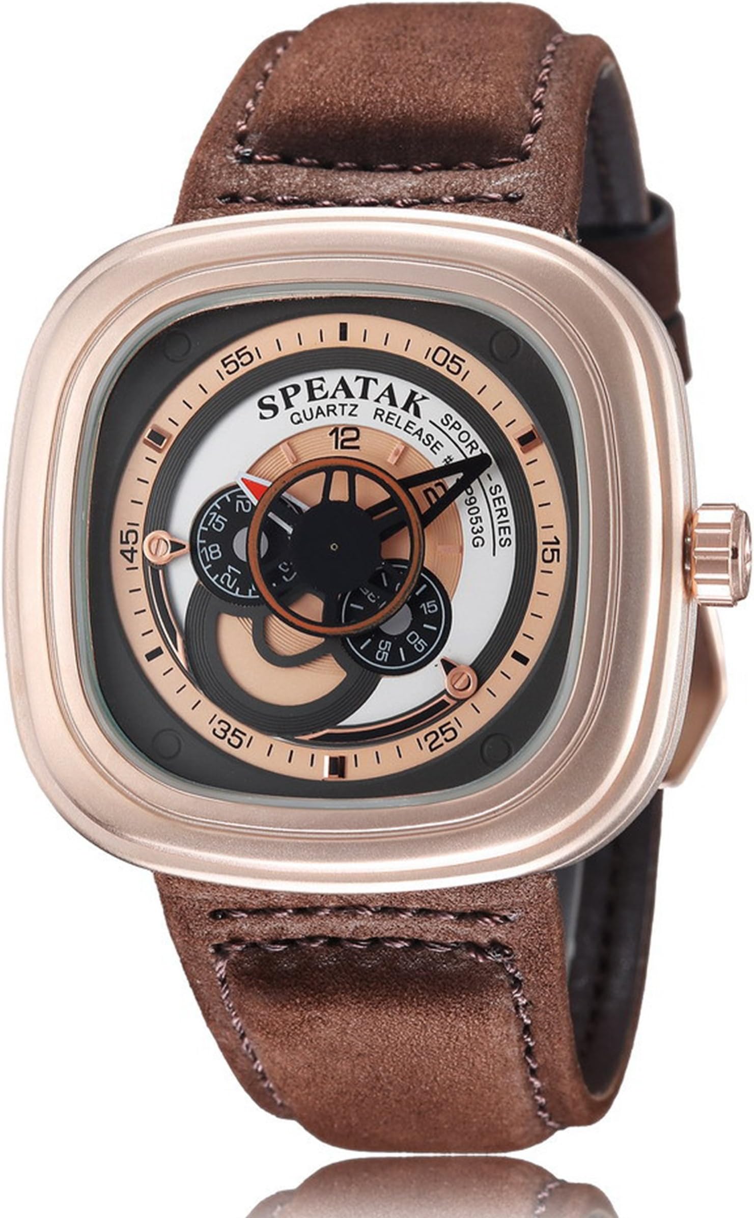 Men's Brown Leather Band Gold Square Dial Casual Quartz Watch
