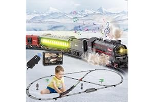JONRRYIN Electric Train Set for Kids with Remote Control, Classic Steam Locomotive with Smoke, Lights & Sounds, Kids Retro Trains Tracks Toys for Christmas