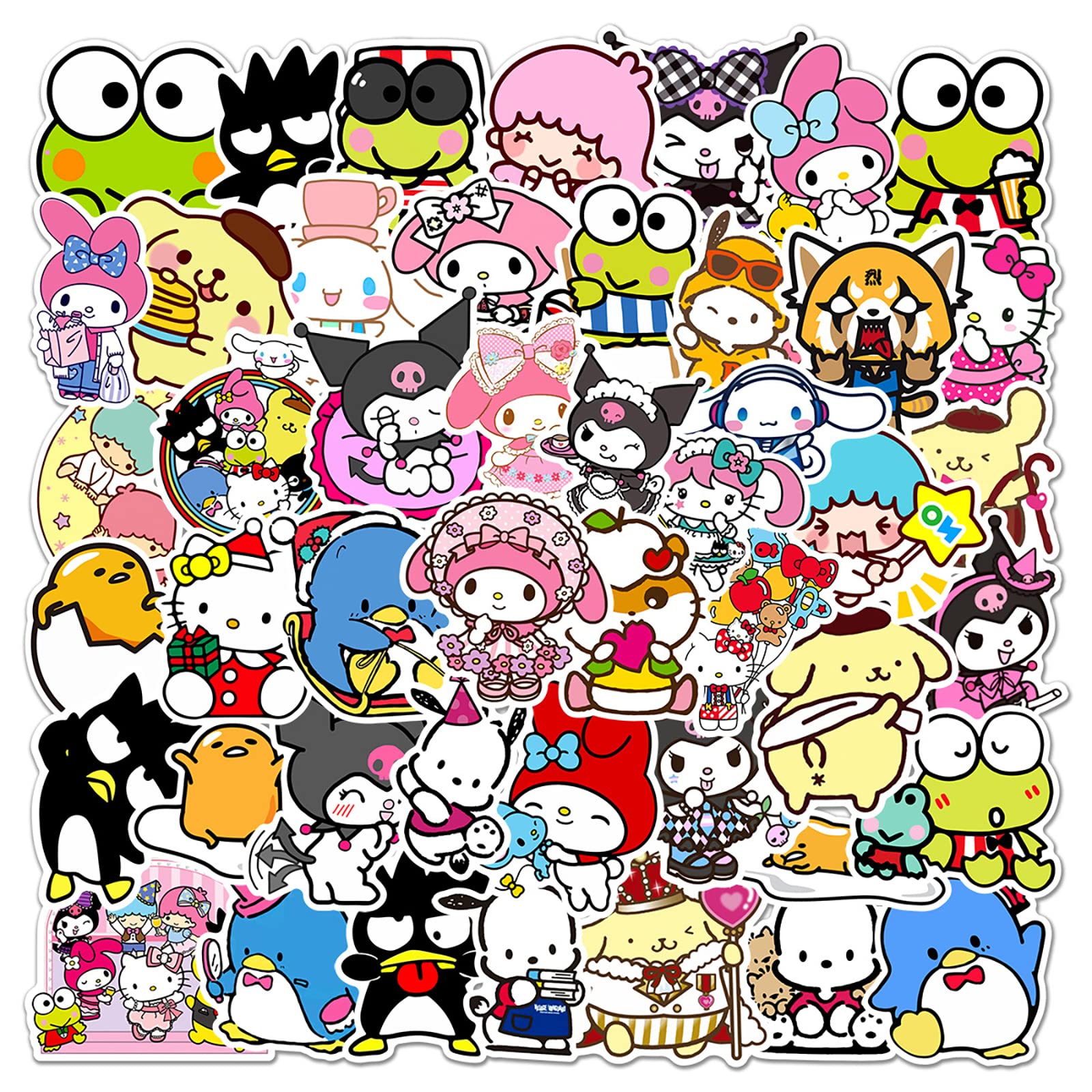 Kawaii Hello Kitty Stickers Set, 50pcs - Kuromi Melody Frog, Waterproof Vinyl, Perfect for Laptops, Skateboards, Bikes, Guitars, Bags & Parties
