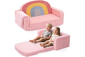 Foryoomi Extra Wide Kids Couch, 2-in-1 Soft Toddler Couch with Blanket, Comfy Toddler Chair, Convertible Sofa with Cute Colorful Rainbow Design, Pink