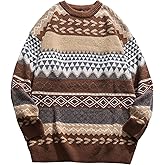 Flygo Men's Vintage Grandpa Sweater Crewneck Oversized Striped Aztec Cable Knit Pullover Unisex Jumper Tops