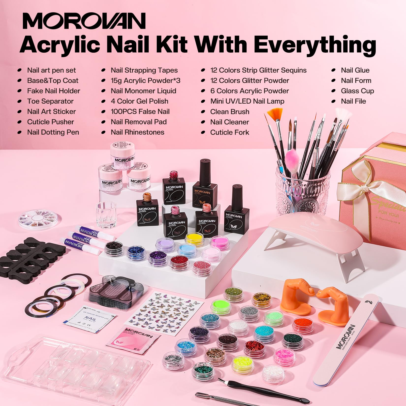 Morovan Acrylic Nail Kit for Beginners: Professional Nail Kit Acrylic Nail Set with U V Lamp with Everything Gel Polish Starter Kit with Glitter Acrylic Powder Nail Kit Gift Home Salon - Image 2