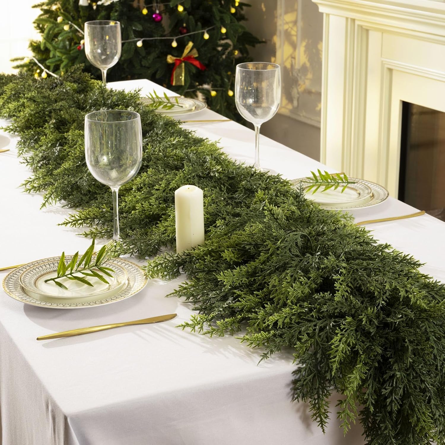 Photo 1 of 2 Pcs 9 Feet Christmas Cedar Garland - Thick & Lush Realistic Artificial Green Faux Cedar Pine Needles Garland for Christmas Winter Home Mantel Fireplace Holiday Party Decor