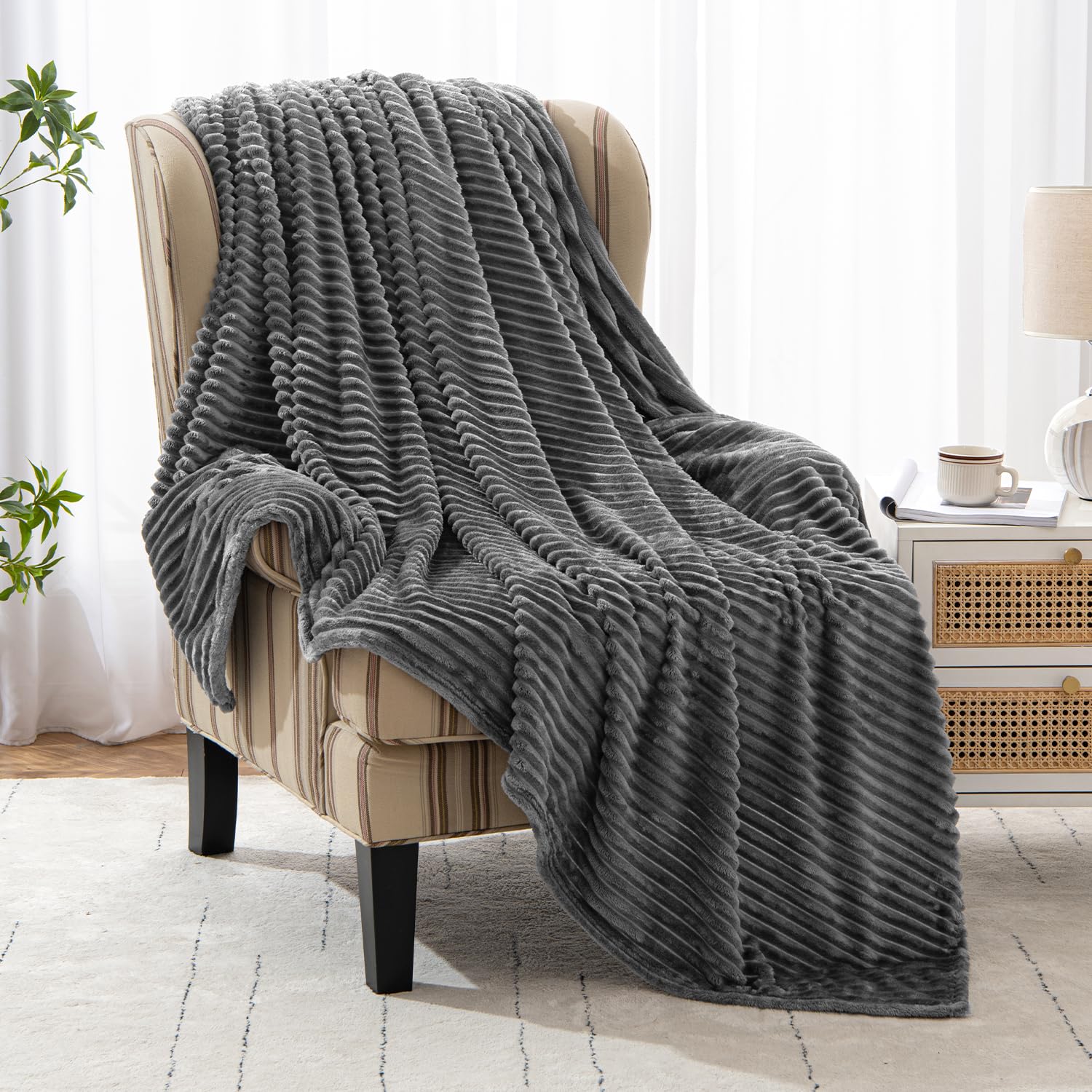 MIULEE Flannel Fleece Throw Blankets Soft Warm Comfortable Throws for Sofa Corduroy Fluffy Blanket Bed Throw for Bedroom Couch Travel Kids Bedroom Accessories 60x80Inch Dark Grey