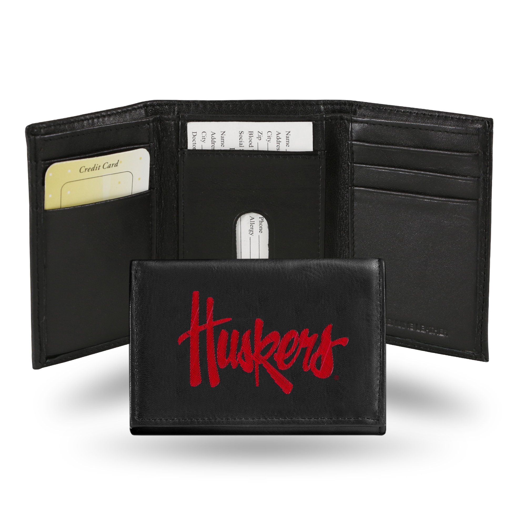 Rico Industries NCAA Embroidered Leather Trifold Wallet Nebraska Cornhuskers, 3.25" x 4.25", Black