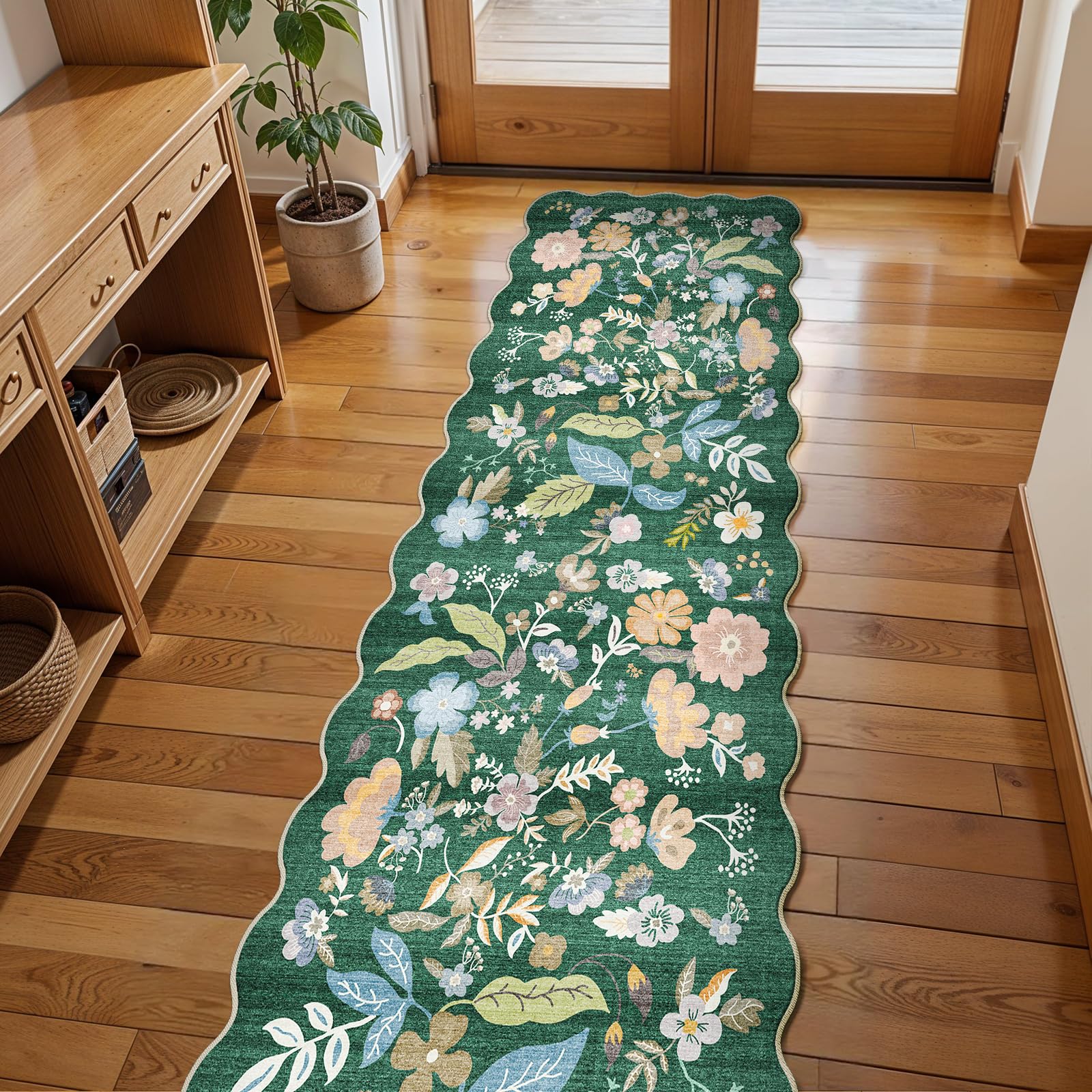 Photo 1 of 2x8ft Scalloped Hallway Runner Rug – Non-Slip Washable Farmhouse Floral Carpet Runner for Kitchen, Bathroom, Bedroom & Entryway – Soft Low-Pile Thin Rug with Rubber Backing (Green, 2x8)