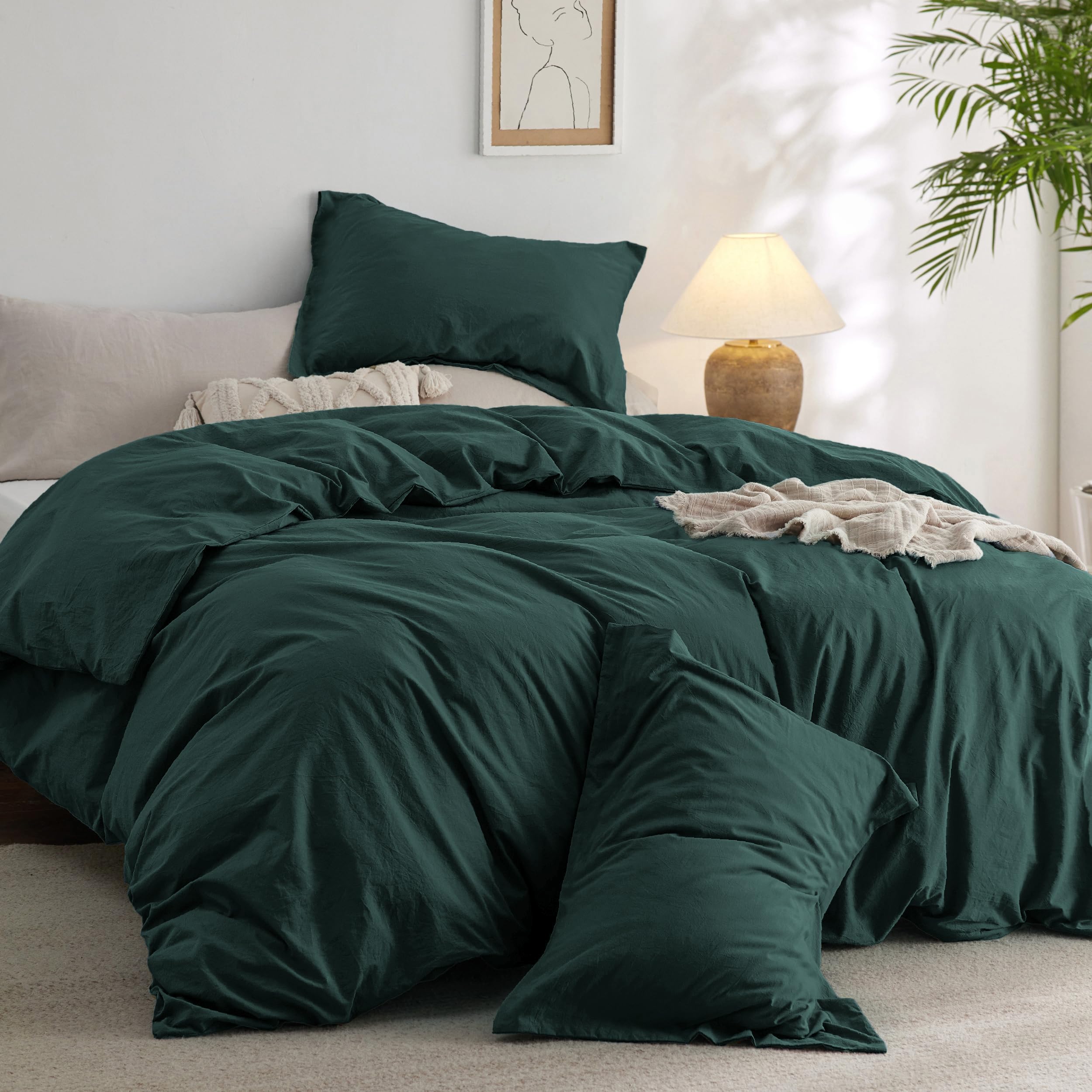 bedsure comforter set king size - cotton fabric with microfiber inner fill, forest green purewoven s