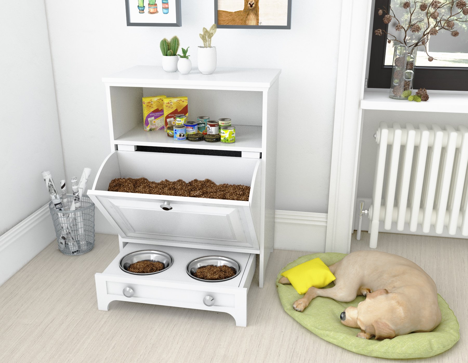 Roomfitters White Pet Feeding Station With Double Pull Out Dog
