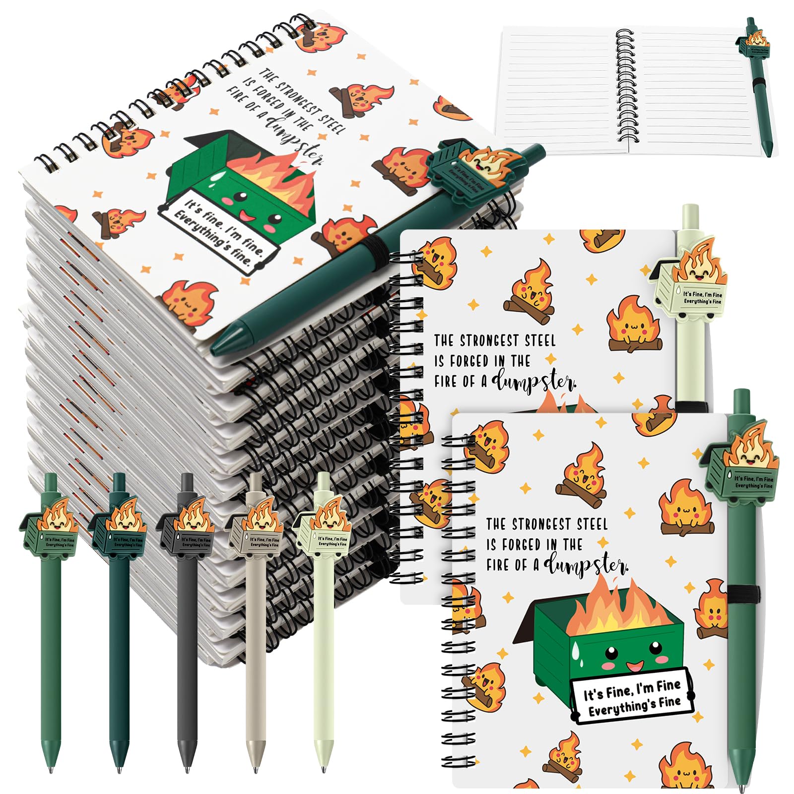 Photo 1 of Resurhang 40 Pcs Dumpster Fire A6 Notebooks Pens Bulk Boss Day Inspirational Funny Gift Set with Saying Dumpster Fire Notepad Ballpoint Pen Dispatcher Employee Appreciation Gift (Green)