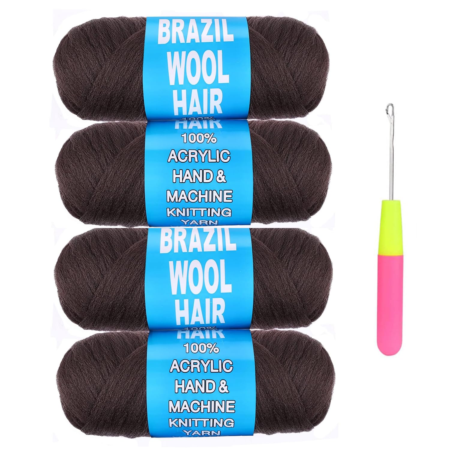 Mscat 4 Roll Dark Brown Brazilian Wool Hair for Braids & Crochet - 2 Pcs Acrylic Hand Knitting Yarn - Faux Locs & Senegalese Twist Synthetic Extensions 4# — image 1