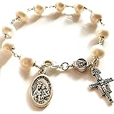 elegantmedical HANDMADE Silver Wire Wrap Pearl BEAD ROSARY BRACELET CROSS CATHOLIC