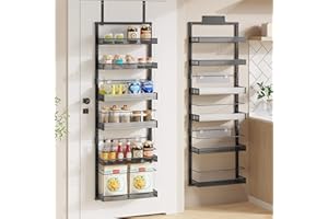 POKIPO Over the Door Pantry Organizer, 6-Tier Large Wall Mounted Storage Spice Rack, 2 in 1 Heavy-Duty Metal Adjustable Hangi