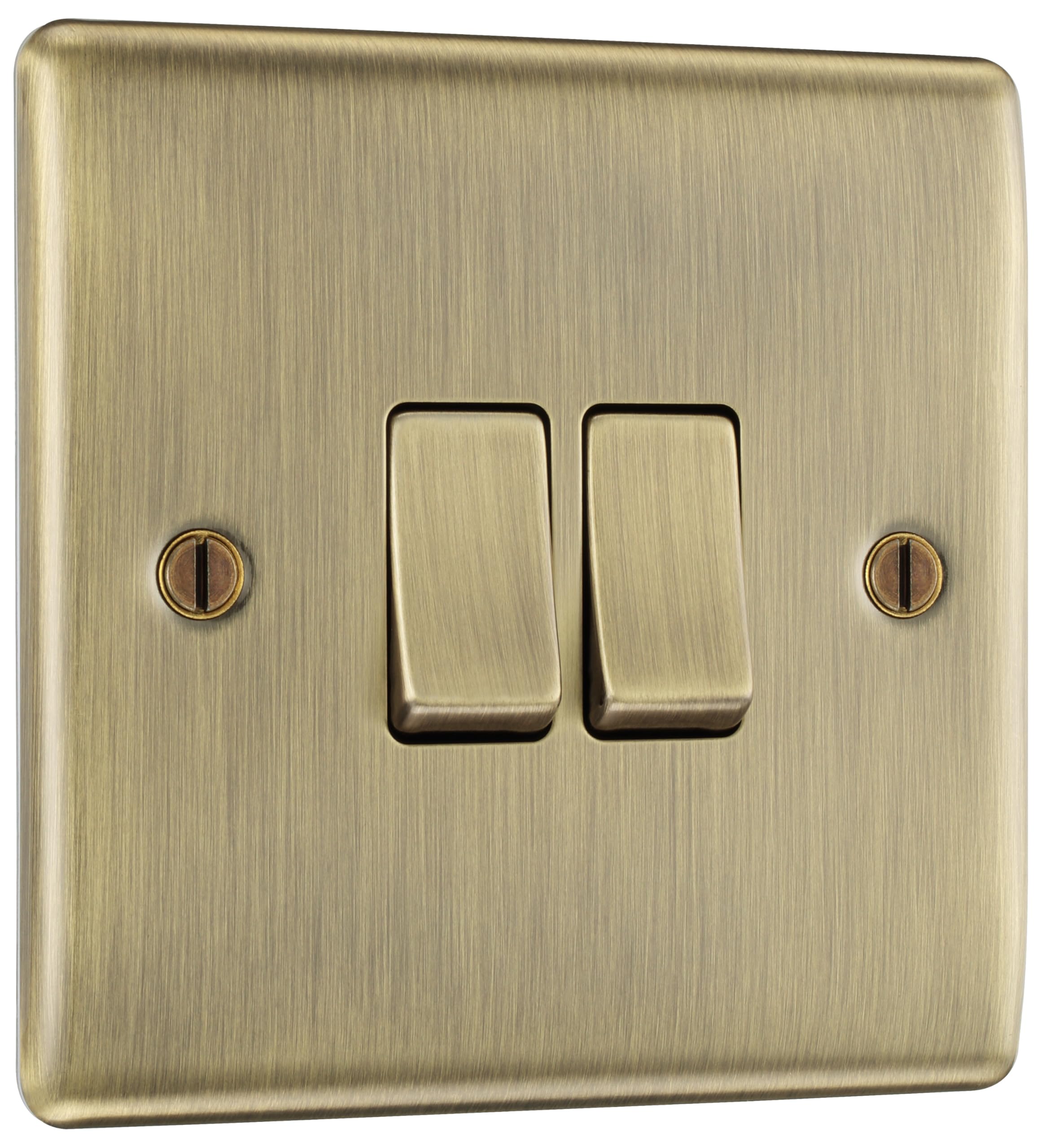 BG Electrical Double Wall Light Switch, 2 Way, Raised and Slim Profile, Round Edges, Nexus Metal, Antique Brass, 20A, 16AX, NAB42