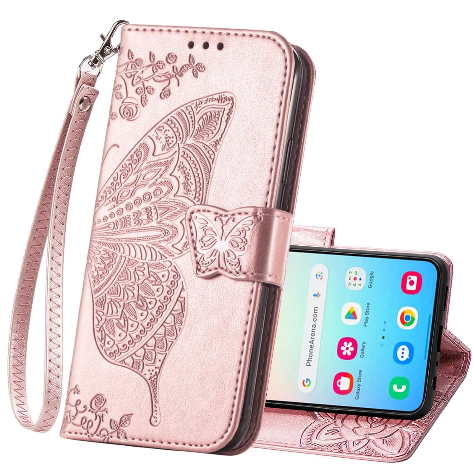 Wallet Case for Samsung Galaxy S24,Women Flip Folio PU Leather Protective Case Wrist Strap Card Slots Holder Purse Emboss Butterfly Flower Stand Flip Case for Samsung Galaxy S24 Rose Gold