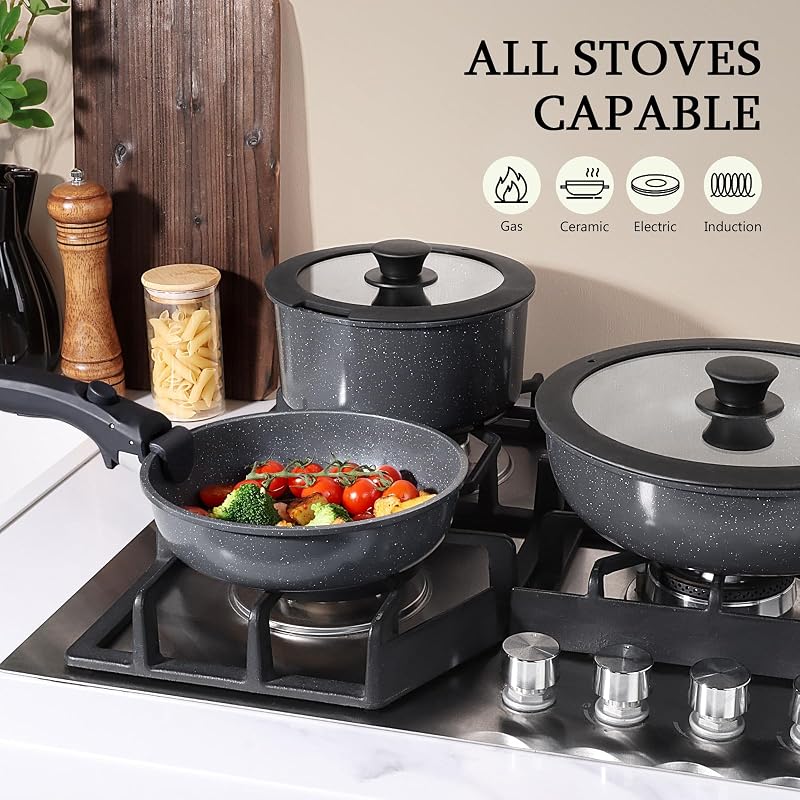 Juego de Ollas y Sartenes Cerámicas Antiadherente - Juego de Cocina con Mangos Desmontables, No Tóxico, Apto para Inducción, Horno y Lavavajillas(Negro 3PCS)