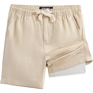 maamgic Boys 100% Linen Shorts with Compression Liner for Summer Vacation | Soft Liner Prevents Chafing, Elastic Waist & Wove