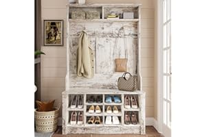 Itaar Hall Tree, Storage Bench, Shoe Rack for Entryway, Hall Tree with Bench and Adjustable Shoe Storage, Vintage White