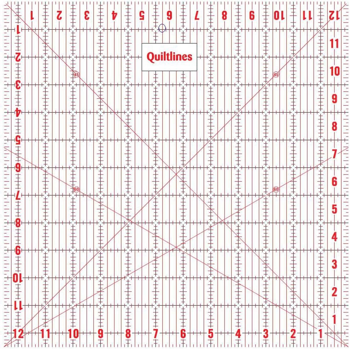 Quiltlines Quilting Ruler Imperial Markings, Acrylic, Transparent, 12.5 x 12.5 Inch