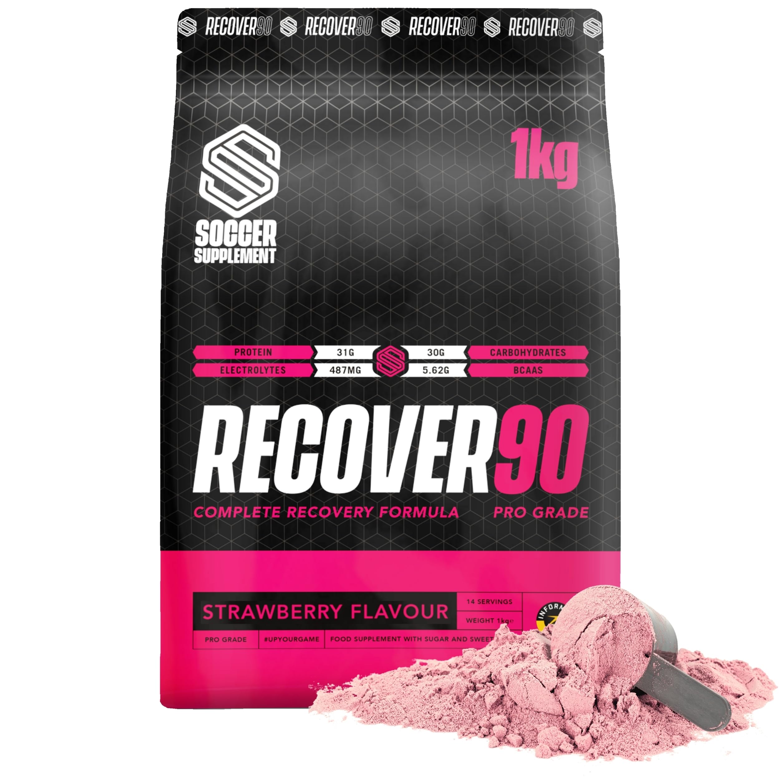 SOCCER SUPPLEMENT - Recover90 Shake for Footballers, 31grams of Protein, 32grams of Carbohydrate, 374mg's of Electrolyte, Strawberry