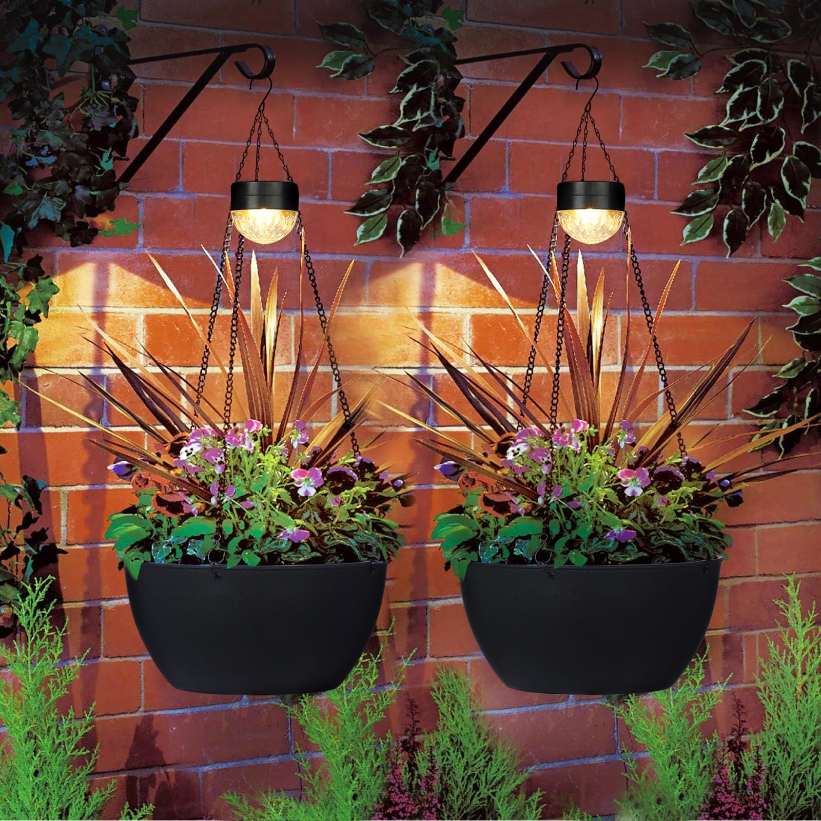 Photo 1 of 2 Packs Hanging Planters Basket for Outdoor Plants, Solar Powered Self Watering Black Round Plastic Flower Pots with Drainer for Balcony Patio Garden Outdoor Decoration
