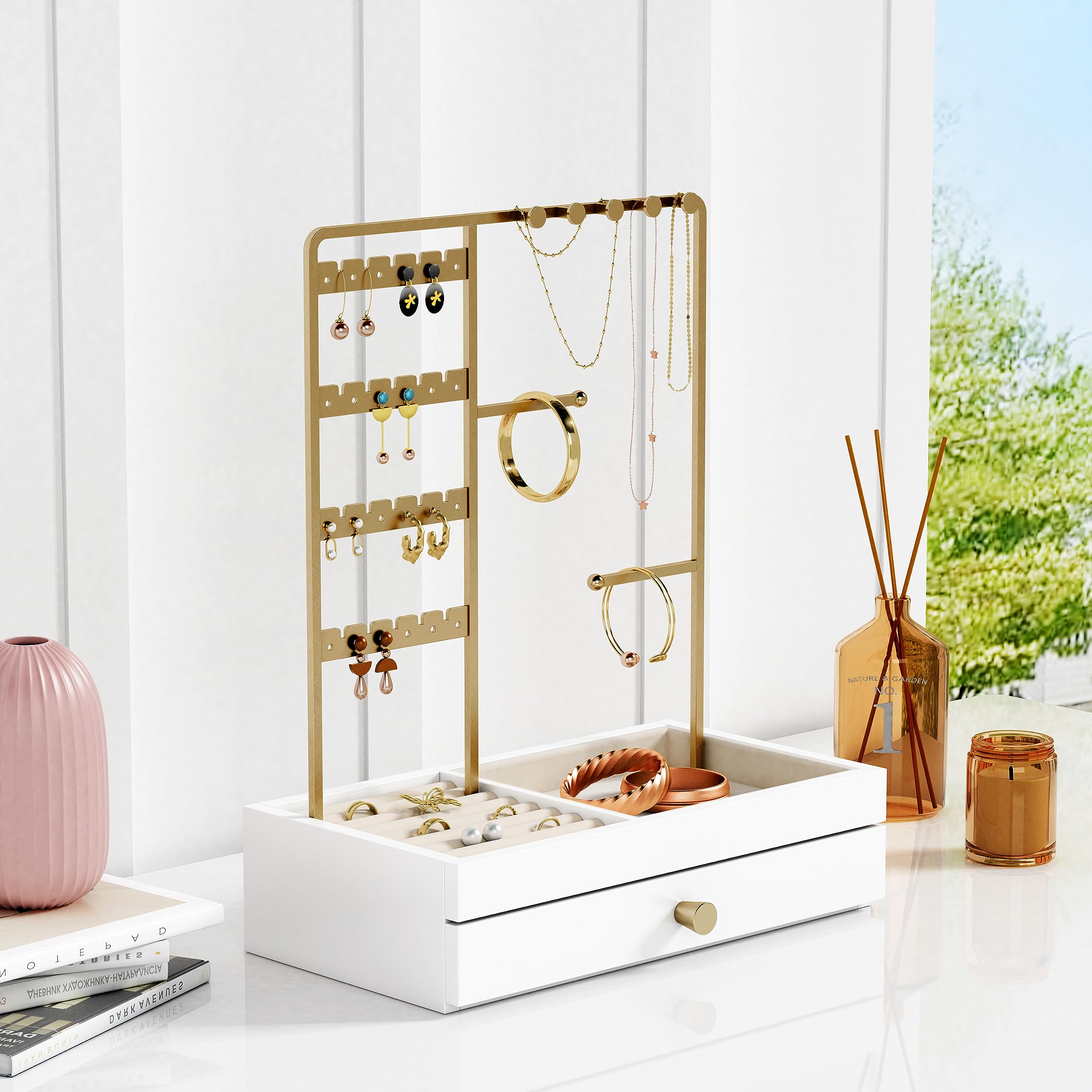 Goozii Gold Jewelry Stand Organizer Necklace Holder, Birthday Gifts for Women Girls, Small Jewelry Stand for Earrings Rings Bracelets, Velvet Jewelry Hanger Tree, Mothers Day Gifts - White and Gold