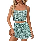 Vrtige Women's Two Piece Outfit Floral Print Crop Cami Top and Bow Tie Short Set
